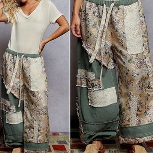 POL Floral Print Patchwork Stretchy Waist Color Block Jogger pants